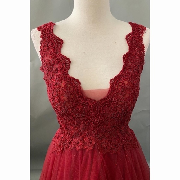 Sleeveless Burgundy Lace Ballgown - Picture 2 of 6